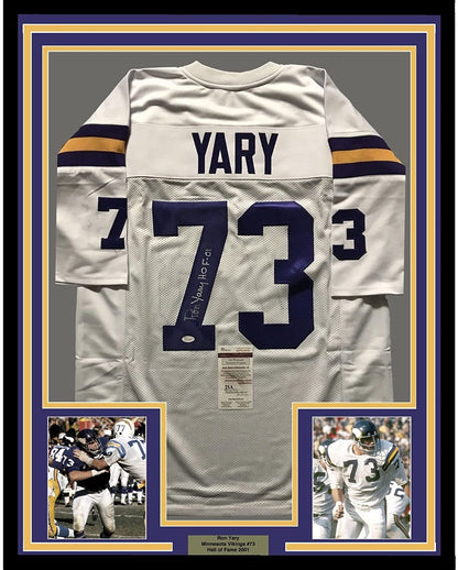 Framed Autographed/Signed Ron Yary HOF 01  35x39 Minnesota Vikings White Football Jersey JSA COA