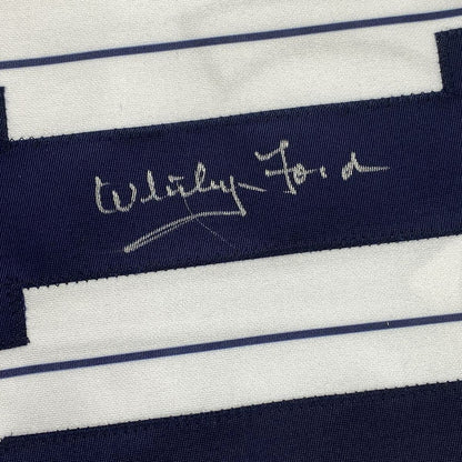Framed Autographed/Signed Whitey Ford 35x39 New York Pinstripe Baseball Jersey PSA/DNA COA #2