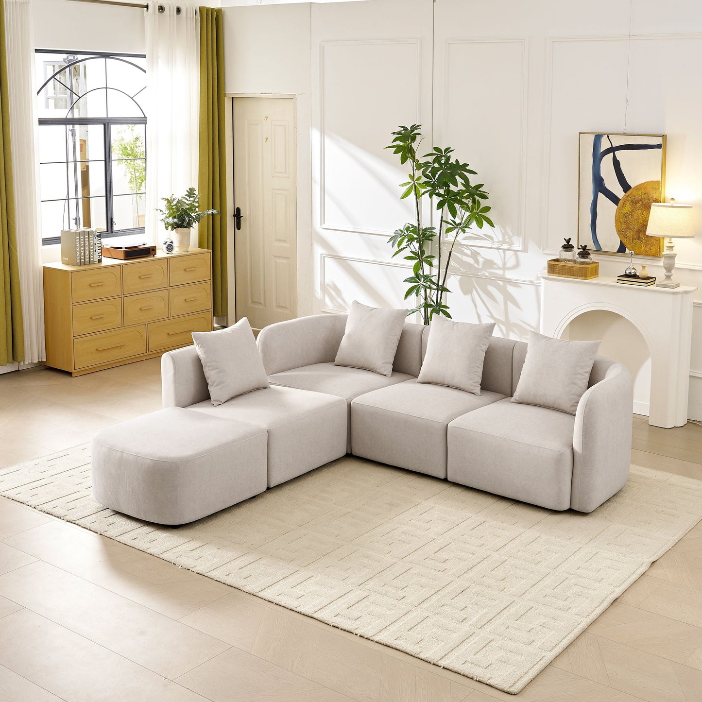 L-Shaped Modular Sectional Sofa With Ottoman, Living Room Furniture Set - Beige