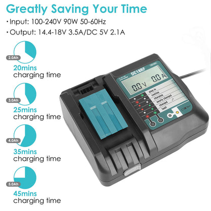 Rapid Charger Replacement Fit for Makita 14.4-18V Battery BL1860 BL1830 BL1850 with_x000B__x000B_LCD Display USB Port