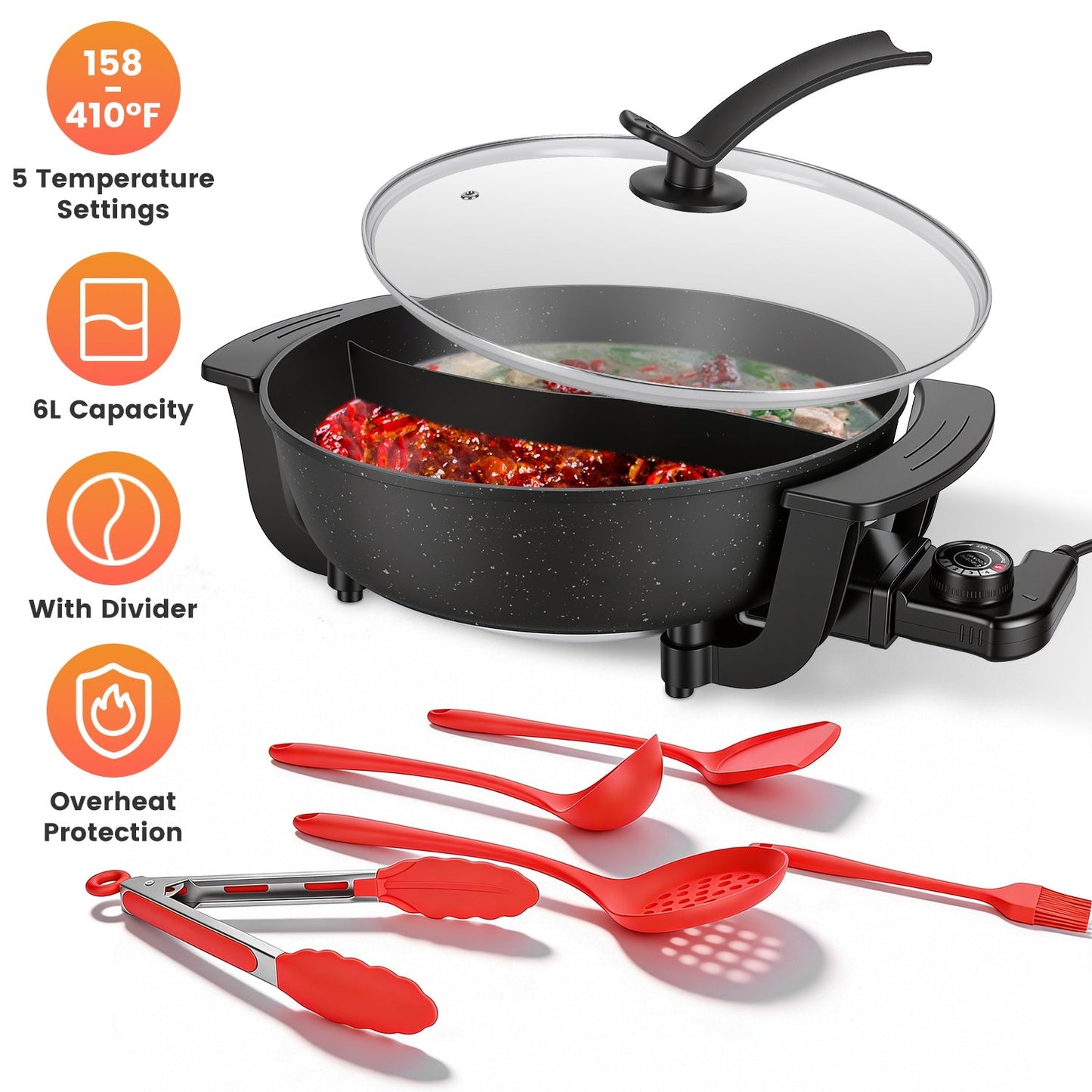 6L Electric Hot Pot with Divider 1100W Dual-Flavor Pot Shabu Shabu Pot Non-Stick with 5-Temp Control for Shabu Shabu Fondue Perfect for Family Gatheri