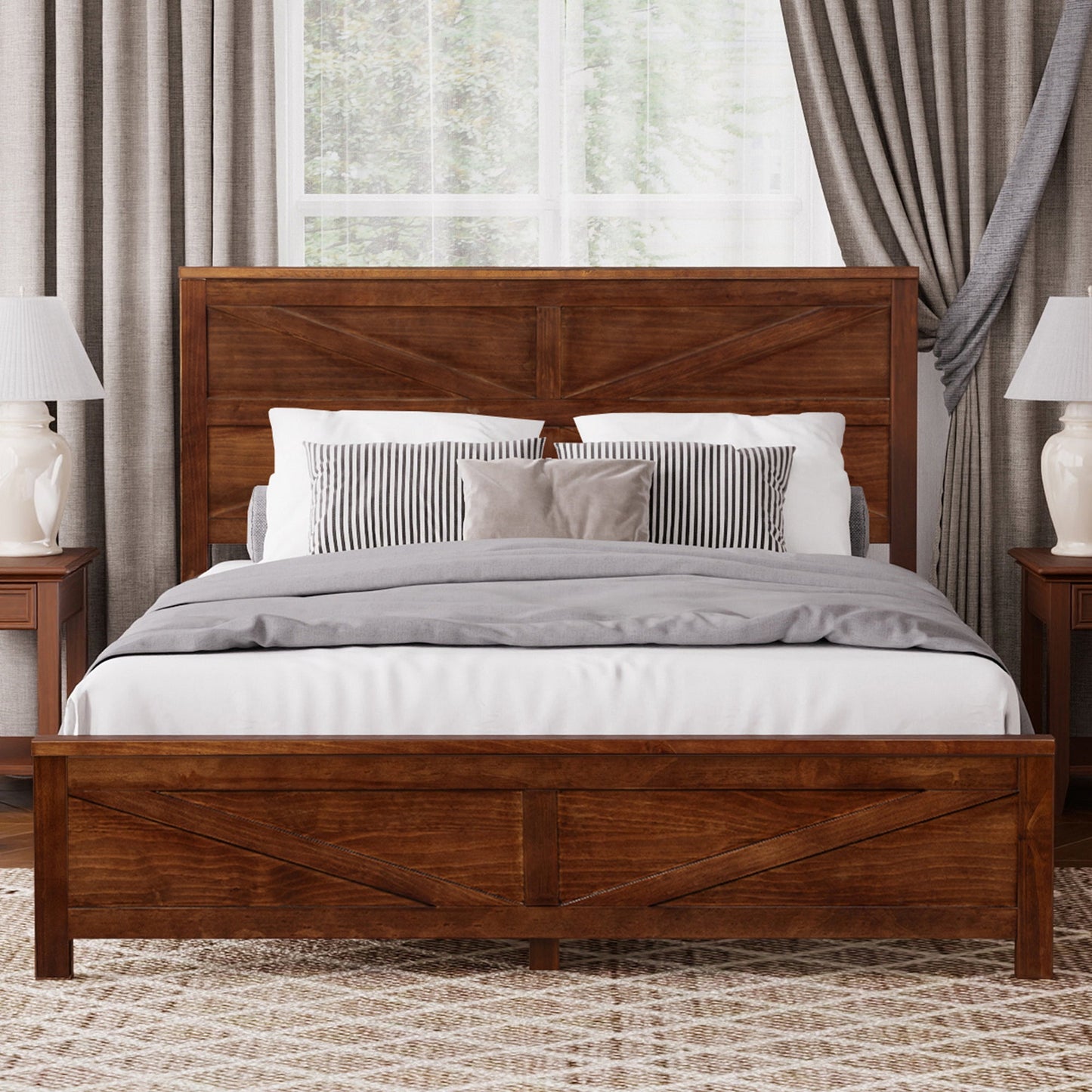 Farmhouse Style Queen Size Bed with Barn Door Headboard and Footboard