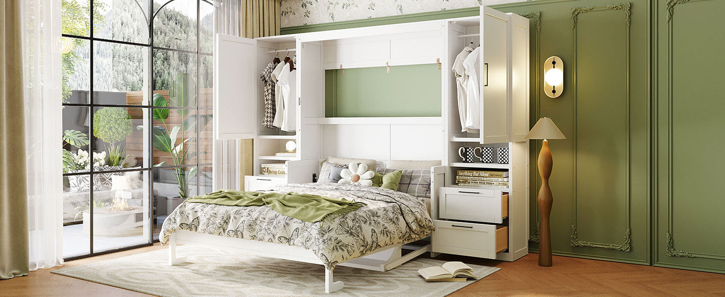 Queen Size Murphy Bed Wall Bed with Closet, Drawers and Shelves, White