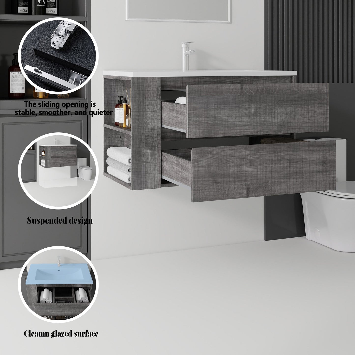 36 Inch Floating Bathroom Vanity with Sink, Soft-Close Door, Ceramic Sink, Plywood