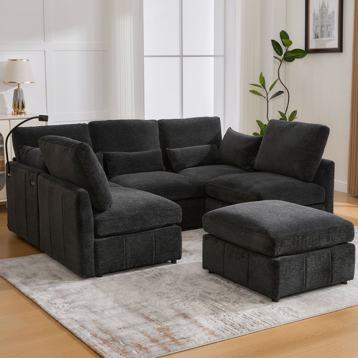 Modern Modular U-Shaped Sofa Bed With Movable Ottoman, USB Ports, Phone Holder