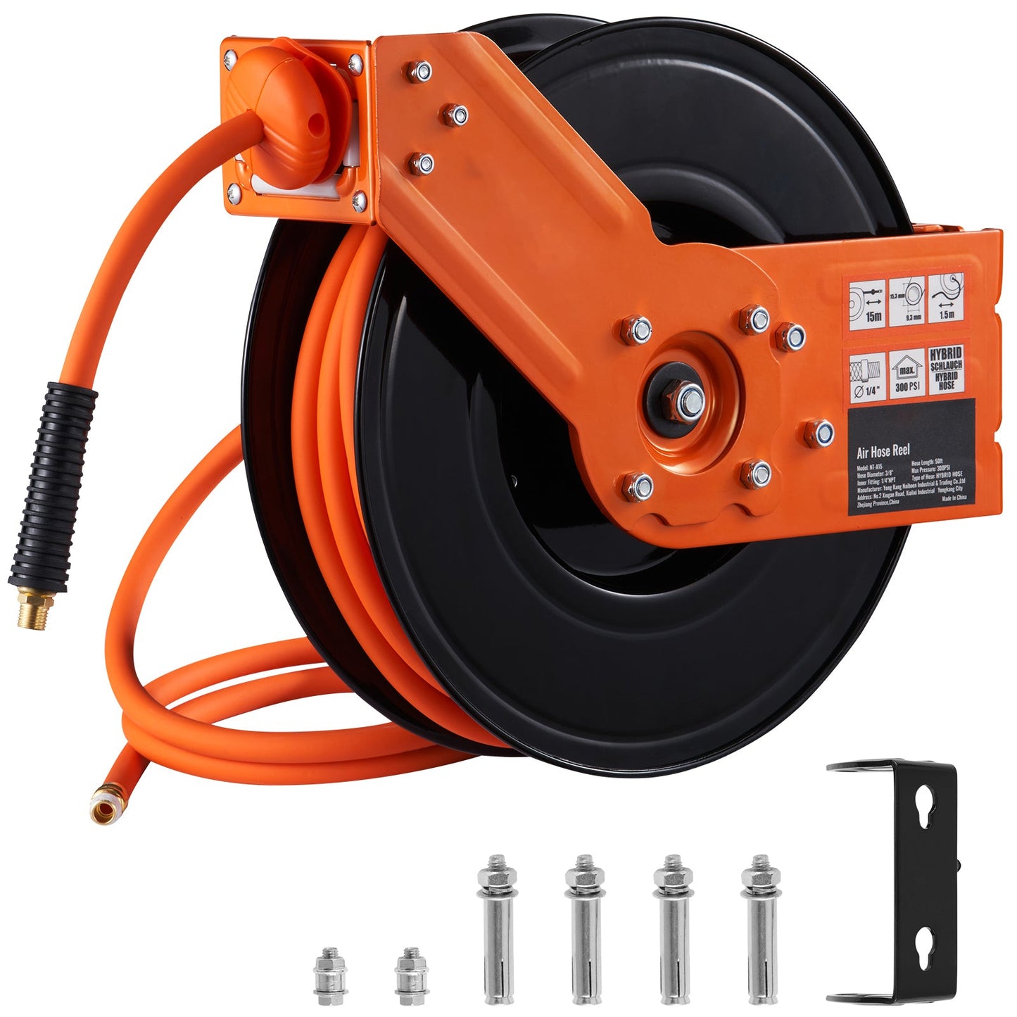 Retractable Air Hose Reel with 3/8 IN x 50 FT Hybrid Hose, Max 300 PSI