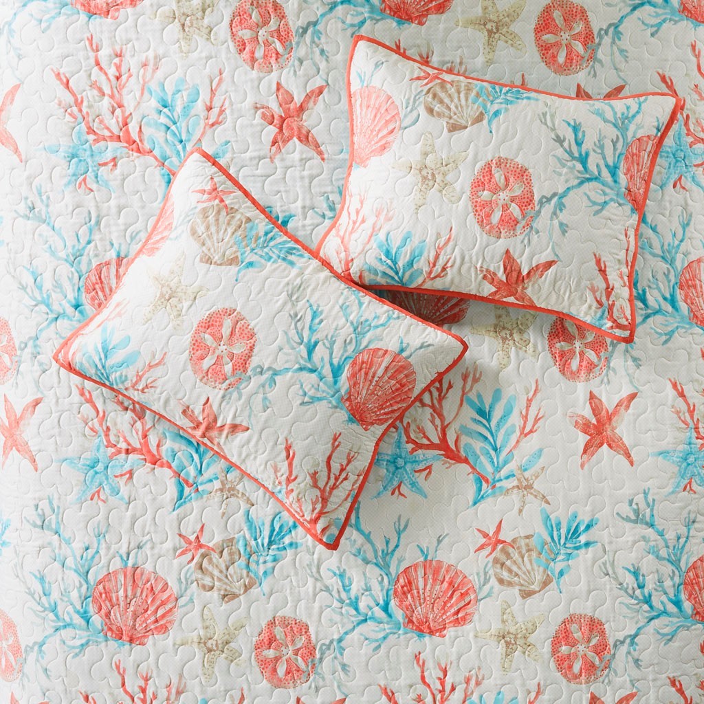 6 Piece Cotton Sateen Quilt Set with Throw Pillows Coral Full/Queen