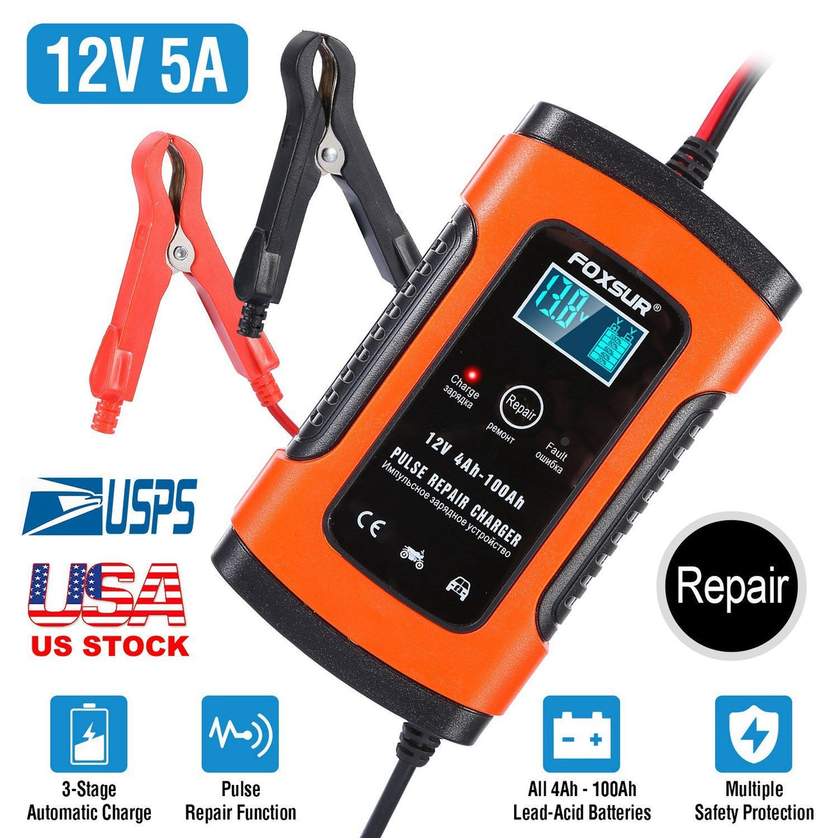 Car Battery Charger 12V 5A LCD Intelligent Auto Motorcycle Boat ATV Recover Pulse Repair