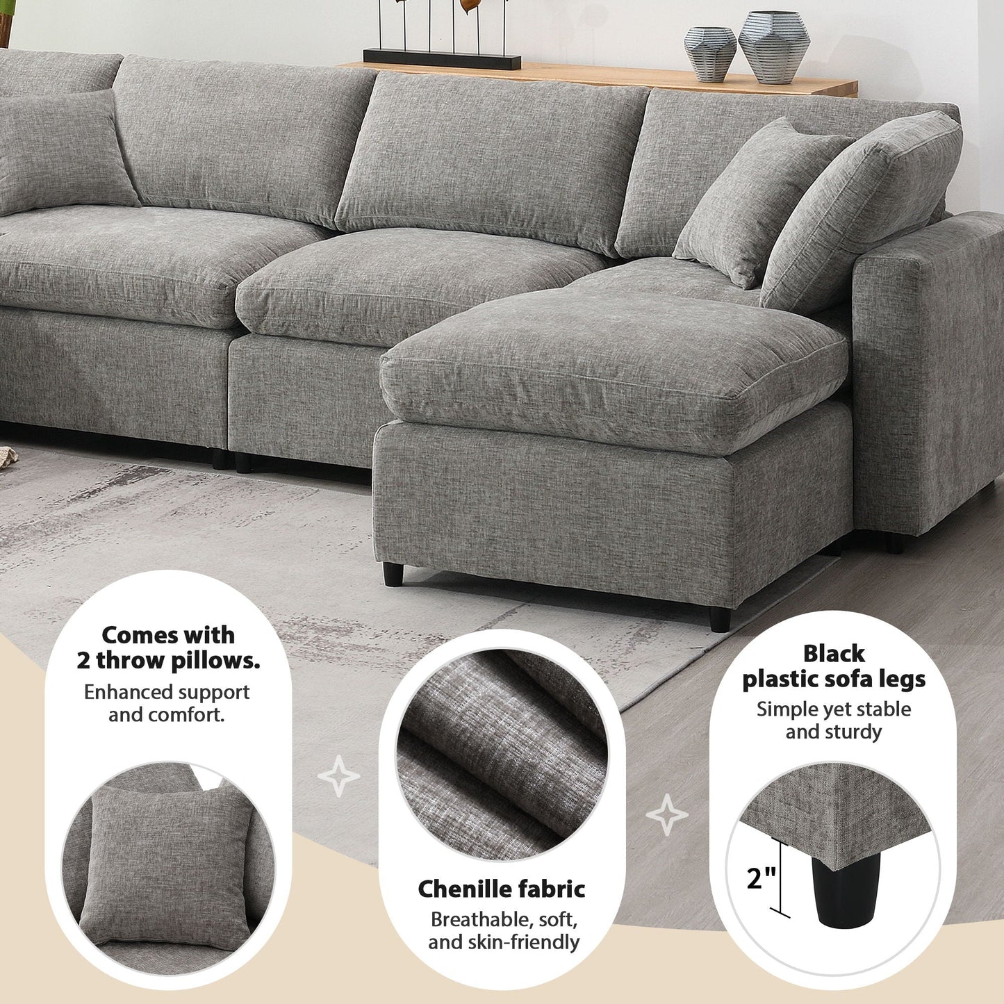 Modern Modular Cloud Sofa Bed, 6 Seat Sectional Couch Set With Ottoman, Free Combination, Convertible U Shaped Sleeper Sofa For Living Room