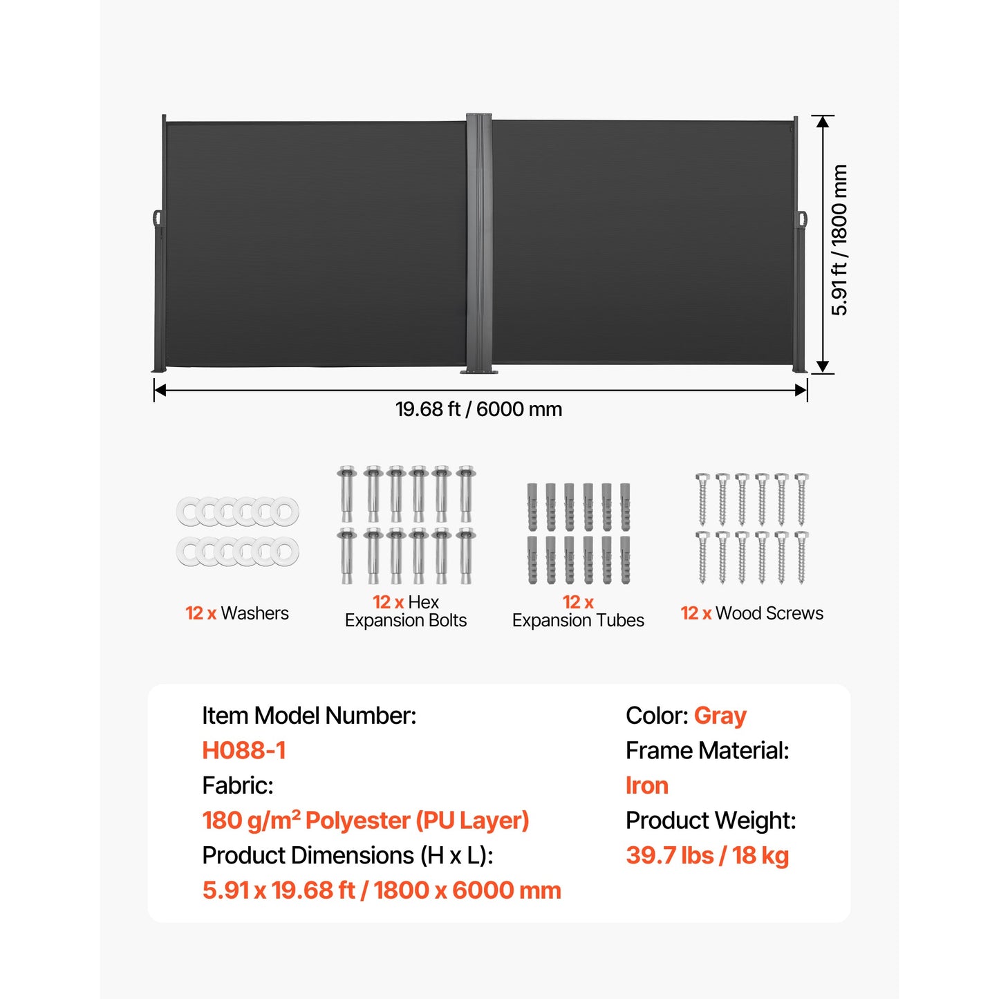 Retractable Side Awning, 71" x 236" Patio Screen with Waterproof Polyester Fabric