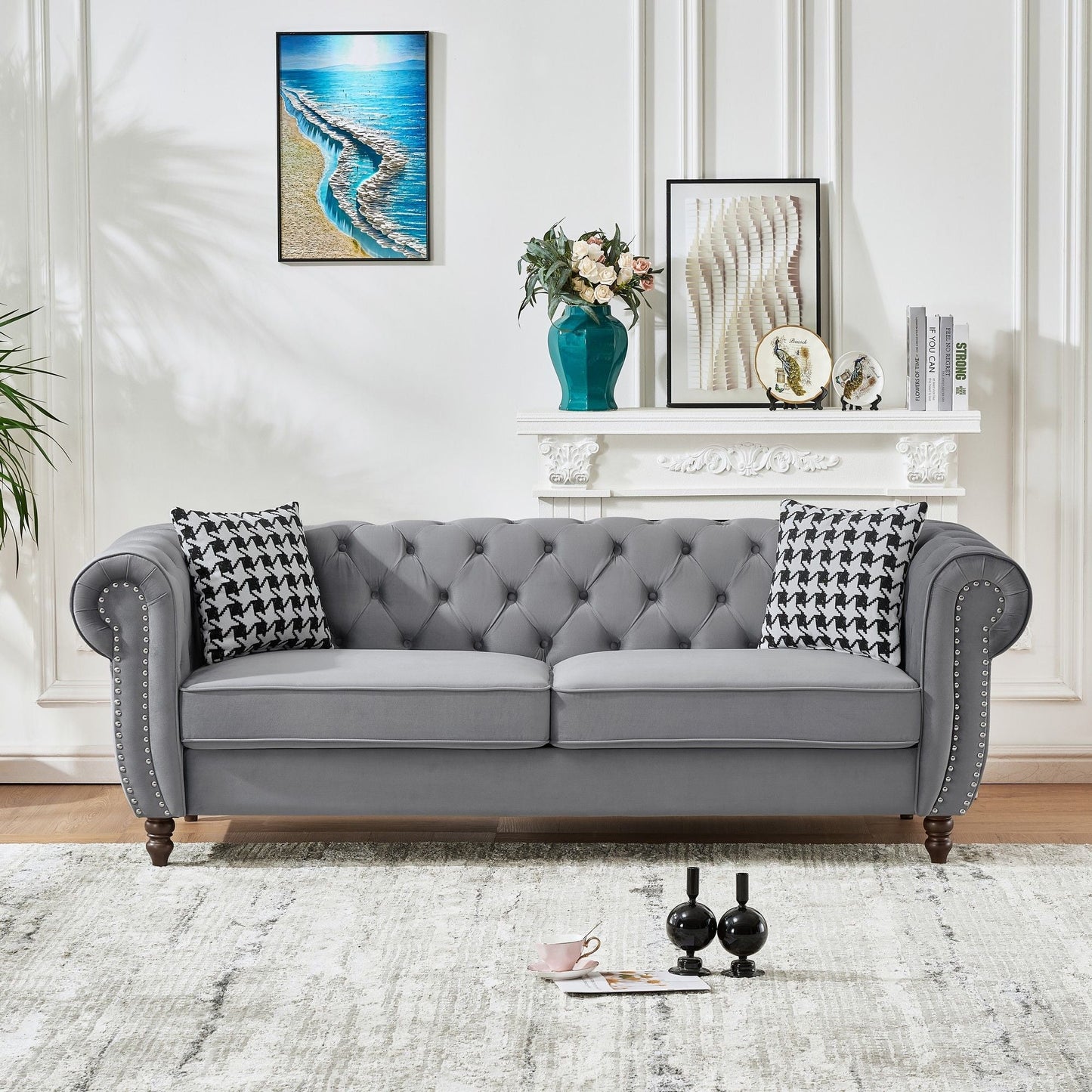 Chesterfield Upholstery Fabric Sofa With Roll Armrest & Nailhead, Mid Century Modern 3 And 3 Seater Couch