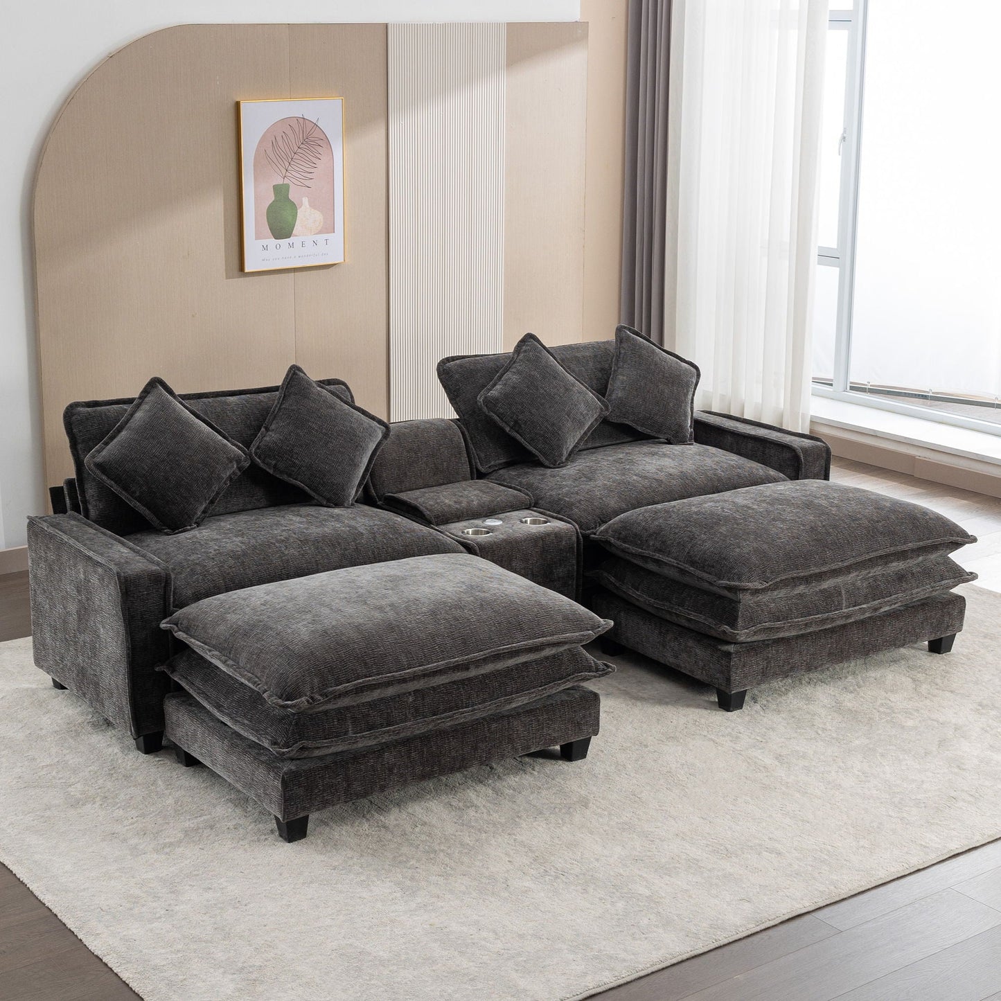 Modern Sectional Sofa With Removable Ottomans, USB Ports