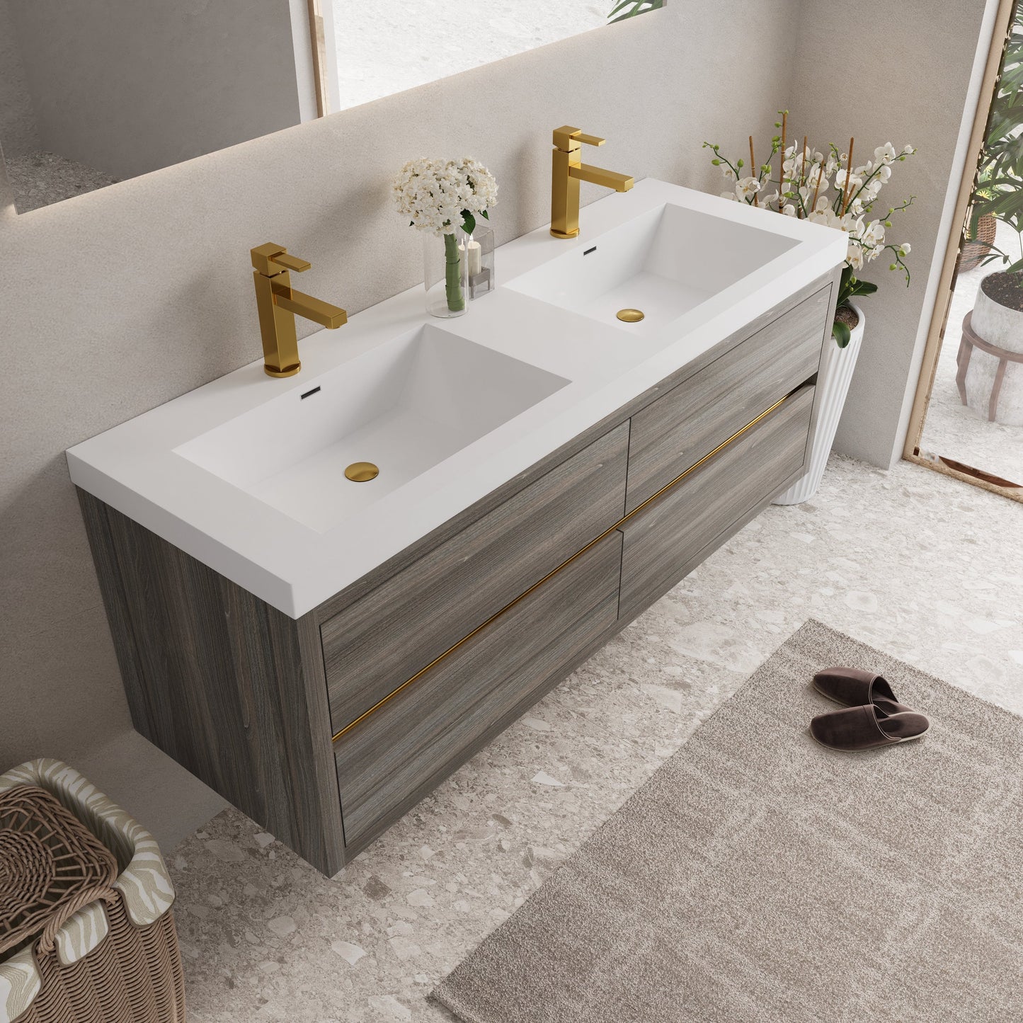 60" Wall-Mounted Bathroom Vanity with Double Sinks and Floating Storage