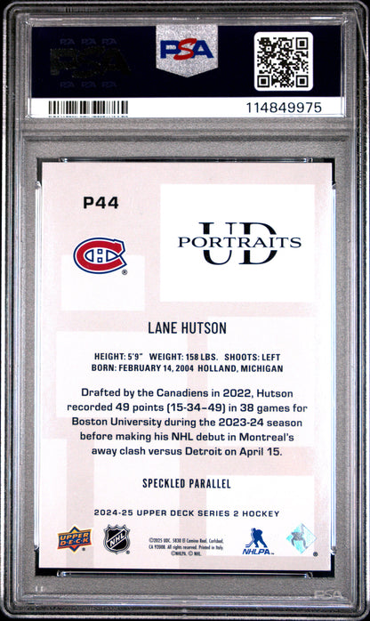 Graded 2024 Upper Deck Lane Hutson #P44 UD Portraits Speckle Rookie RC Hockey Card PSA 10 Gem Mint