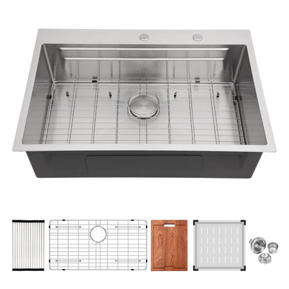 33" Drop In Kitchen Sink Single Bowl 16 Gauge Stainless Steel Ledge Workstation - Black