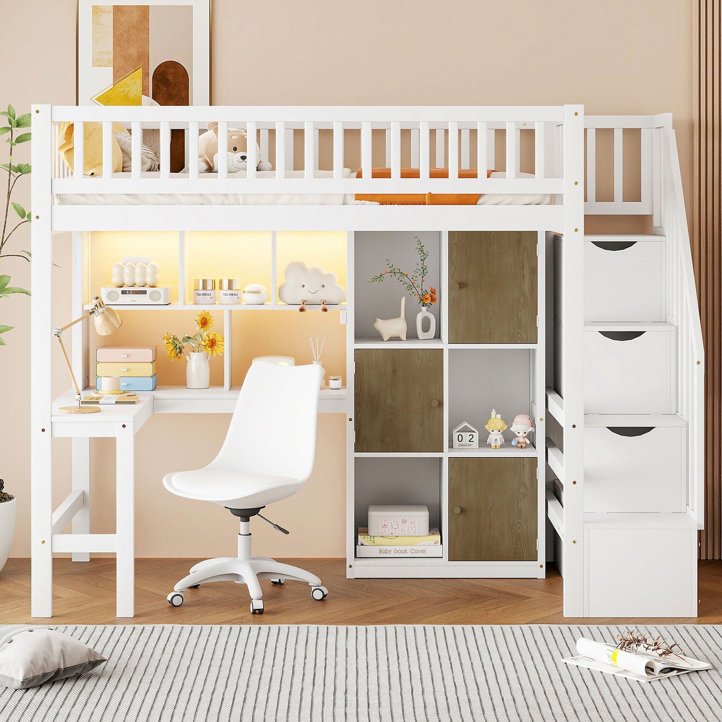 Loft Bed With Built In L Shaped Desk, LED Lights, Storage Shelves, Cabinets, And Staircase