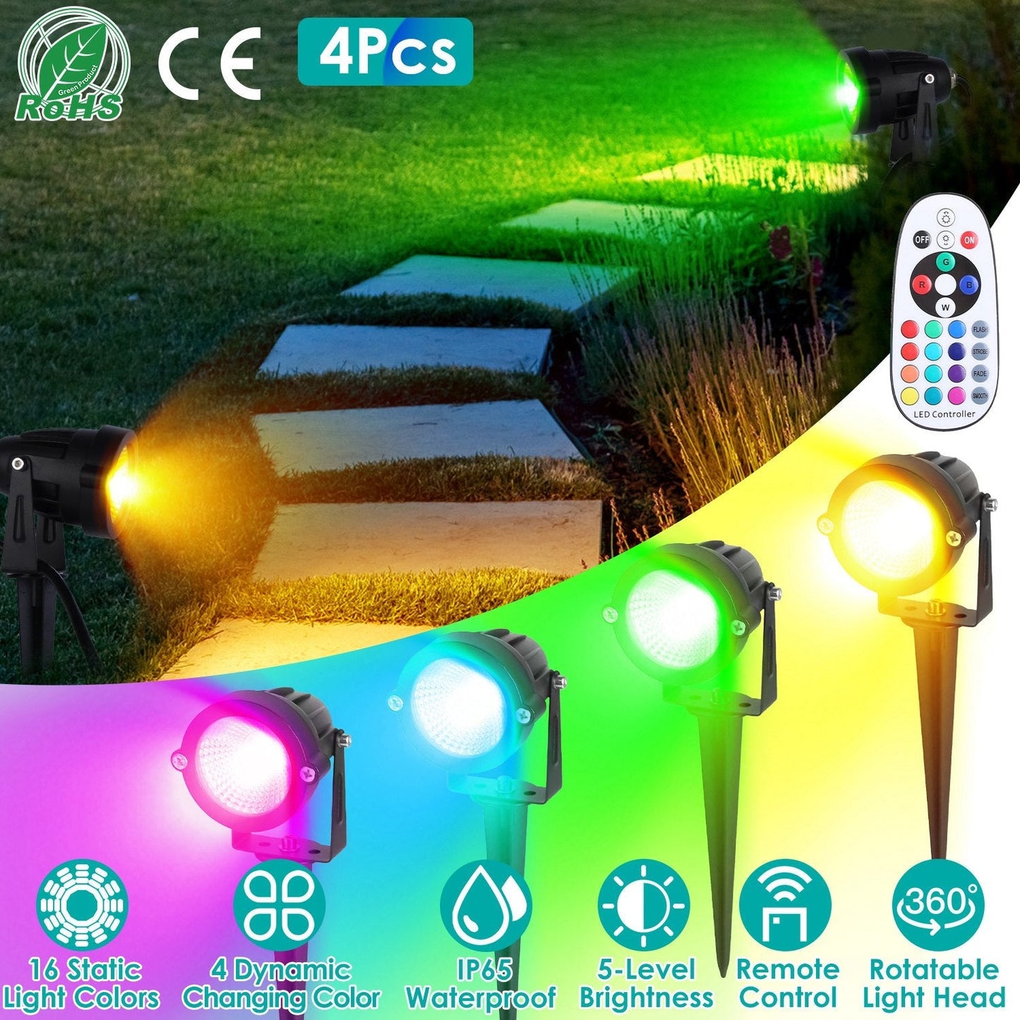 4Pcs Landscape Lights Color Changing Landscape Spotlight IP65 Waterproof RGBW LED Colorful Stake Light with Remote Control 16 Color 4 Dynamic Light Mo