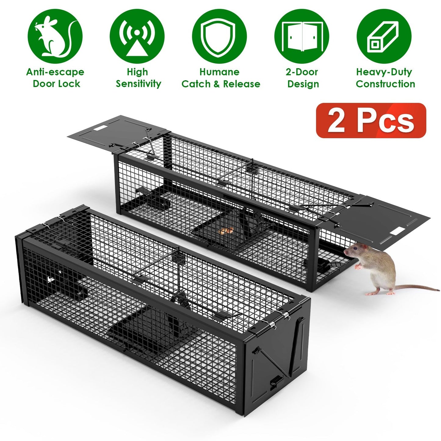 2-Pack Humane Live Rat Trap Cage with Dual Doors