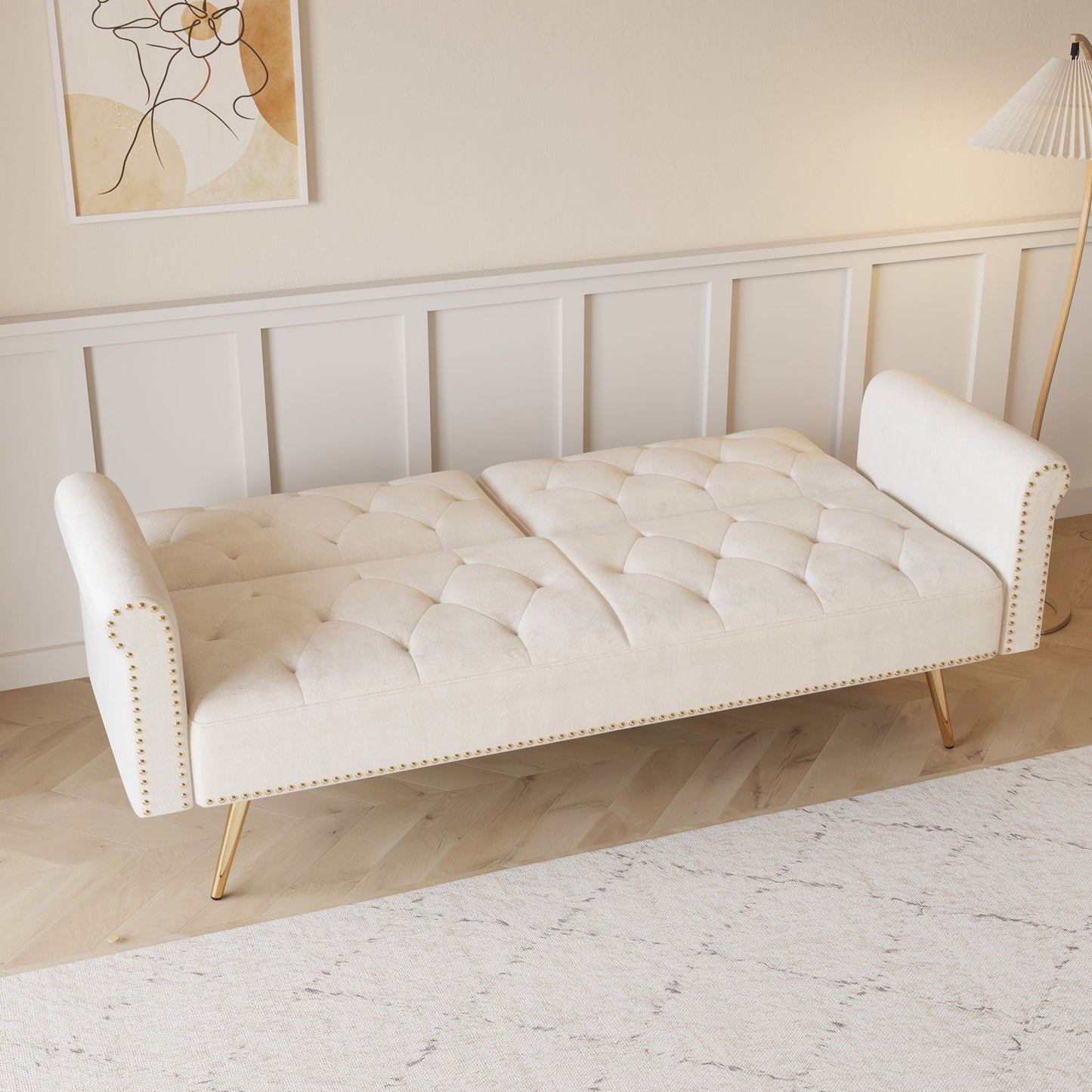 Luxurious Sofa Bed With Nail Head Trim And Matching Pillow