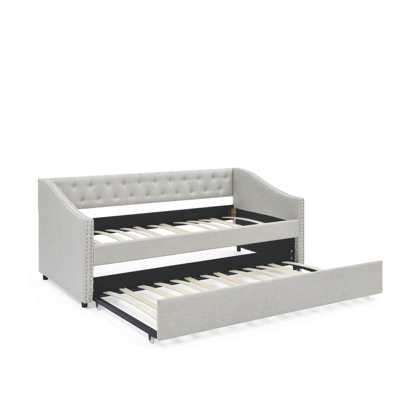 Upholstered Tufted Daybed With Drawers, Waved Arms