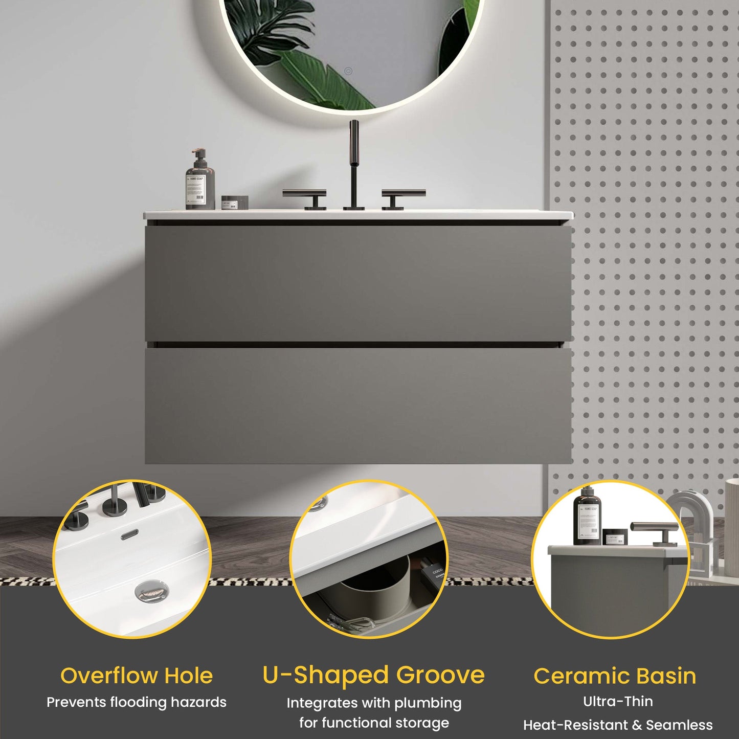 TIA 36" Wall Mount Space Gray Bathroom Vanity
