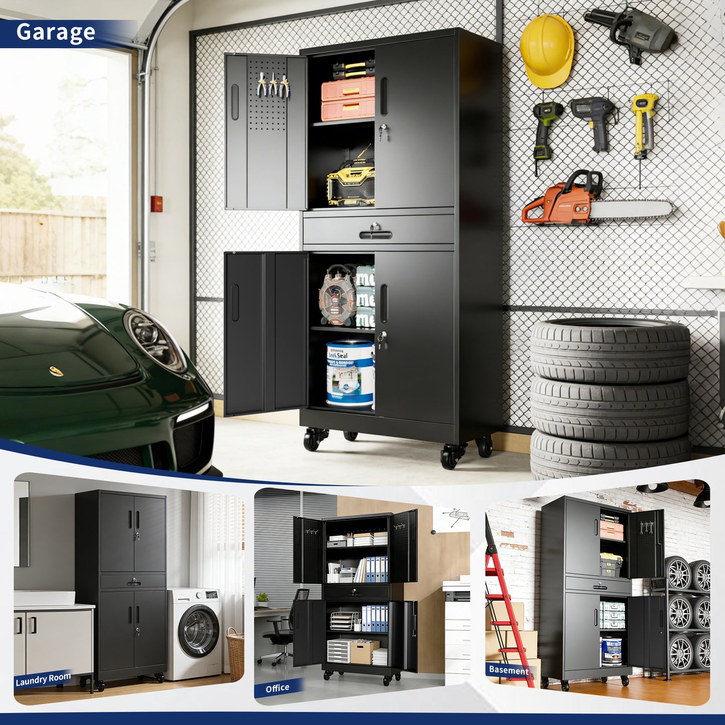 Metal Storage Cabinet with Drawer, Locking Doors, and Rolling Wheels