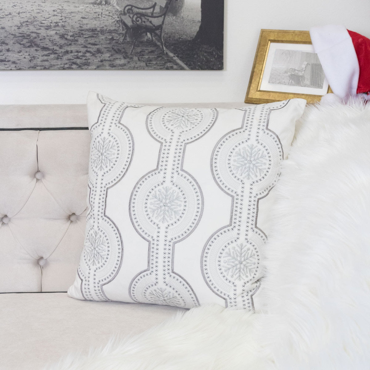 White Holiday Embroidered Velvet Throw Pillow with Insert 20x20 Set of 2