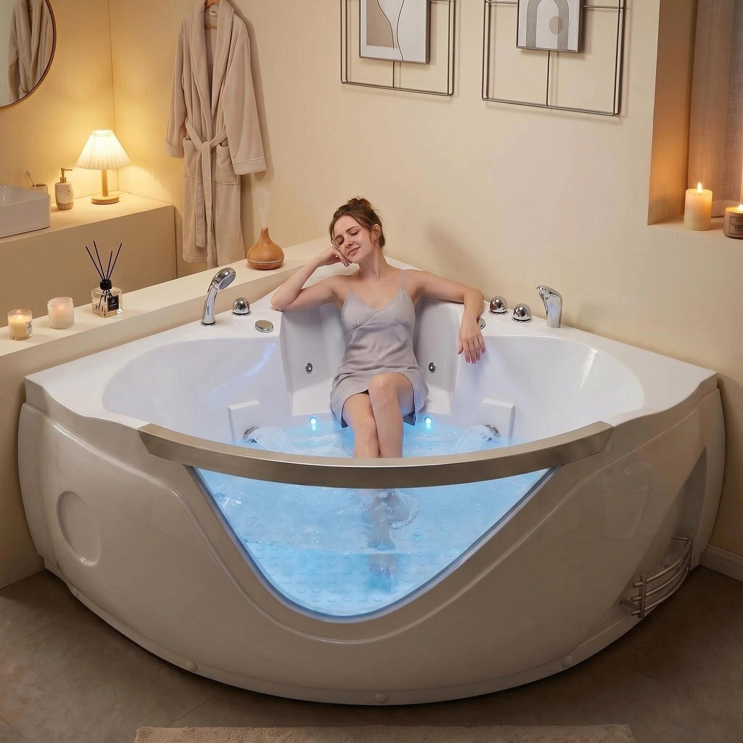 59" Light Luxury Double Corner Whirlpool Bathtub