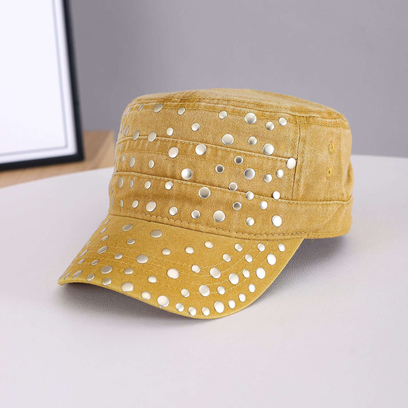 Men's And Women's Metal Rivet Decorated Washed And Distressed Material Flat-top Style Retro Punk Hat. Suitable For Daily Street Wear In School Settings.