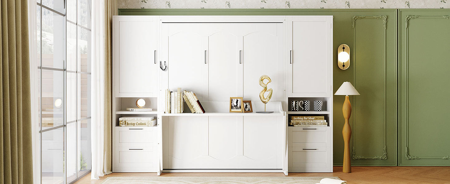 Queen Size Murphy Bed Wall Bed with Closet, Drawers and Shelves, White
