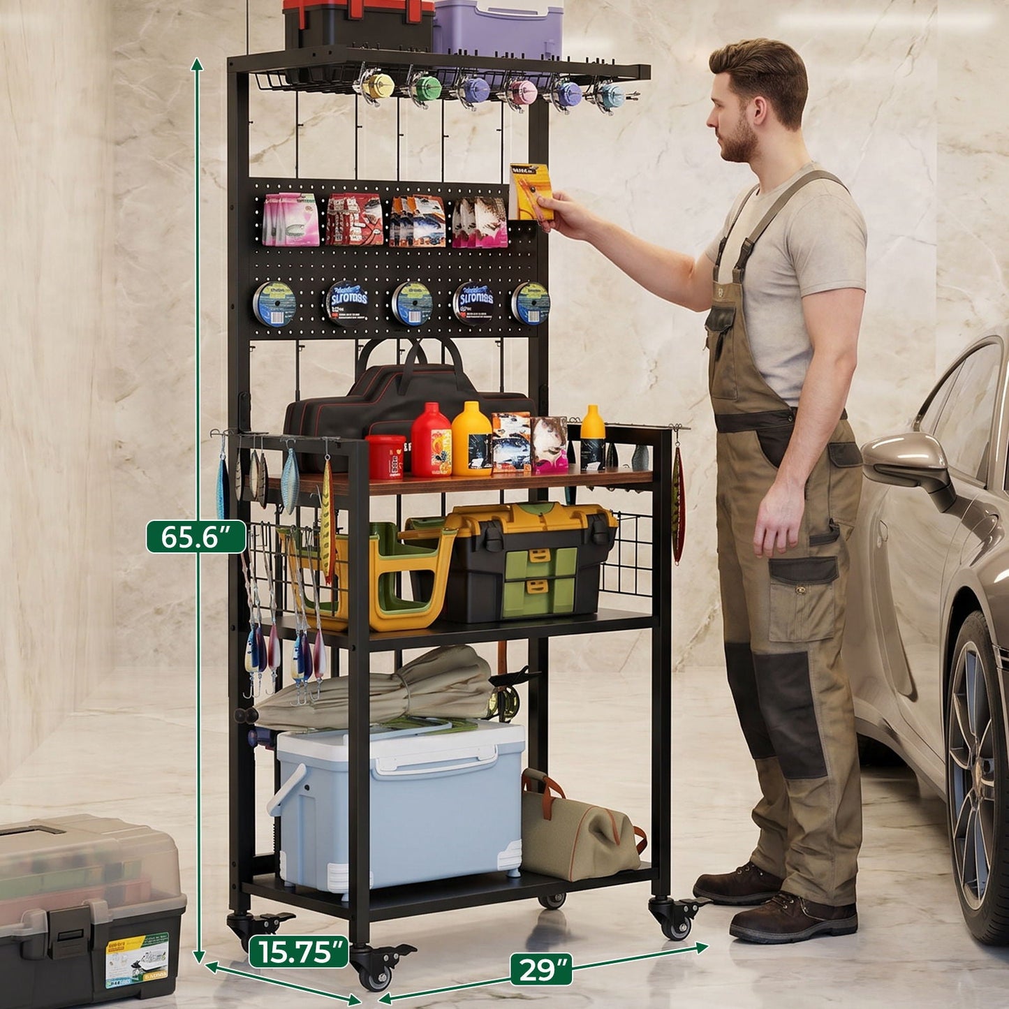 Fishing Rod Storage Rack With Pegboard, Rolling Tackle Organizer Cart - Black