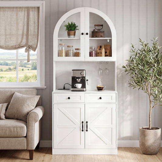 75" Farmhouse Tall Arched Pantry Cabinet with Charging Station