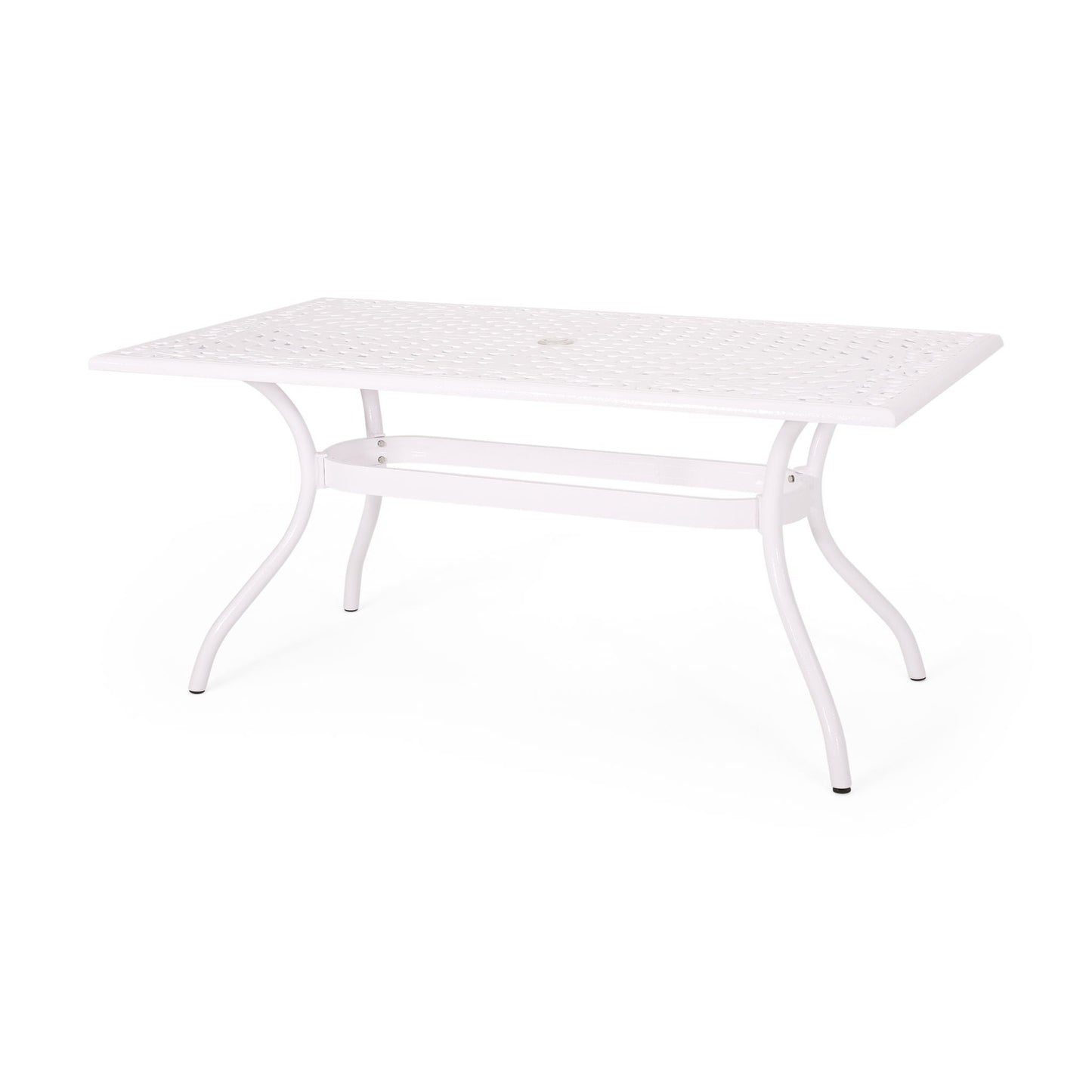 Celestine Outdoor Cast Aluminum Dining Table with Floral Lattice Design and Umbrella Holder