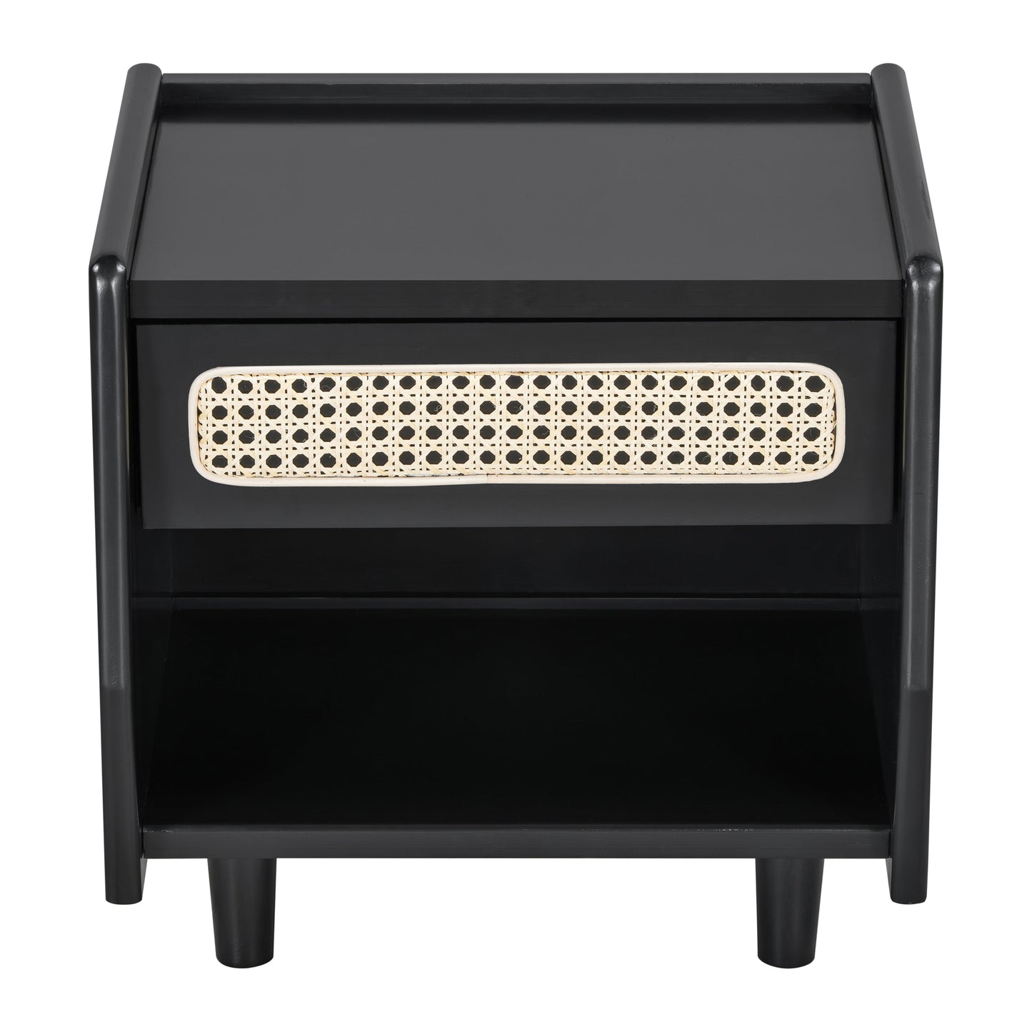 Black Nightstand with Rattan Detail
