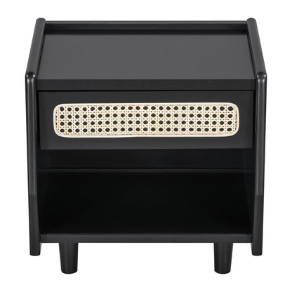 Black Nightstand with Rattan Detail