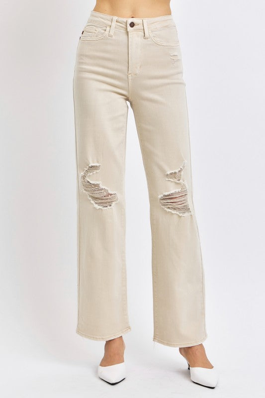 T-Shirts Trendsi Judy Blue Jeans + Women's High Waist Distressed Wide Leg + Everyday Wear + Jeans + Premium Denim