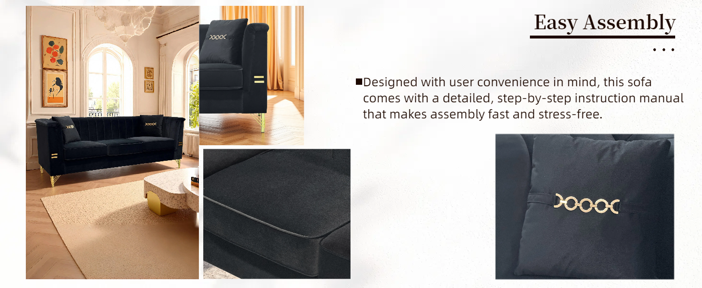 FX-P82-BK2 Modern Velvet 3-Seater Sofa with 2 Pillows