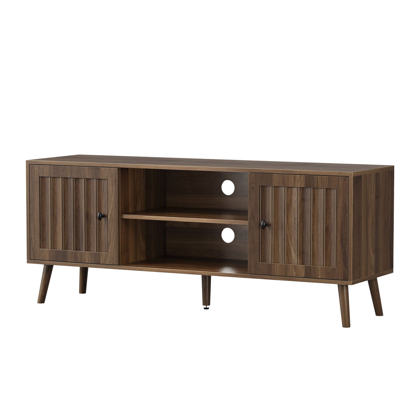 55" TV Cabinet With Vertical Groove Doors, Adjustable Shelves - Walnut