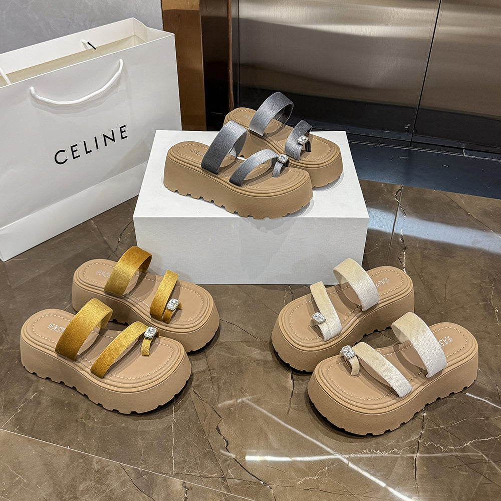 2026 Summer French Rhinestone Platform Slide Sandals, Toe Post Chunky Sole Fairy Style Casual Versatile Beach Slippers