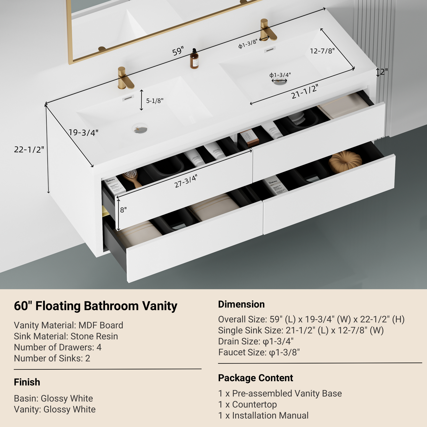 60" Wall-Mounted Bathroom Vanity with Sink, Floating Storage Cabinet