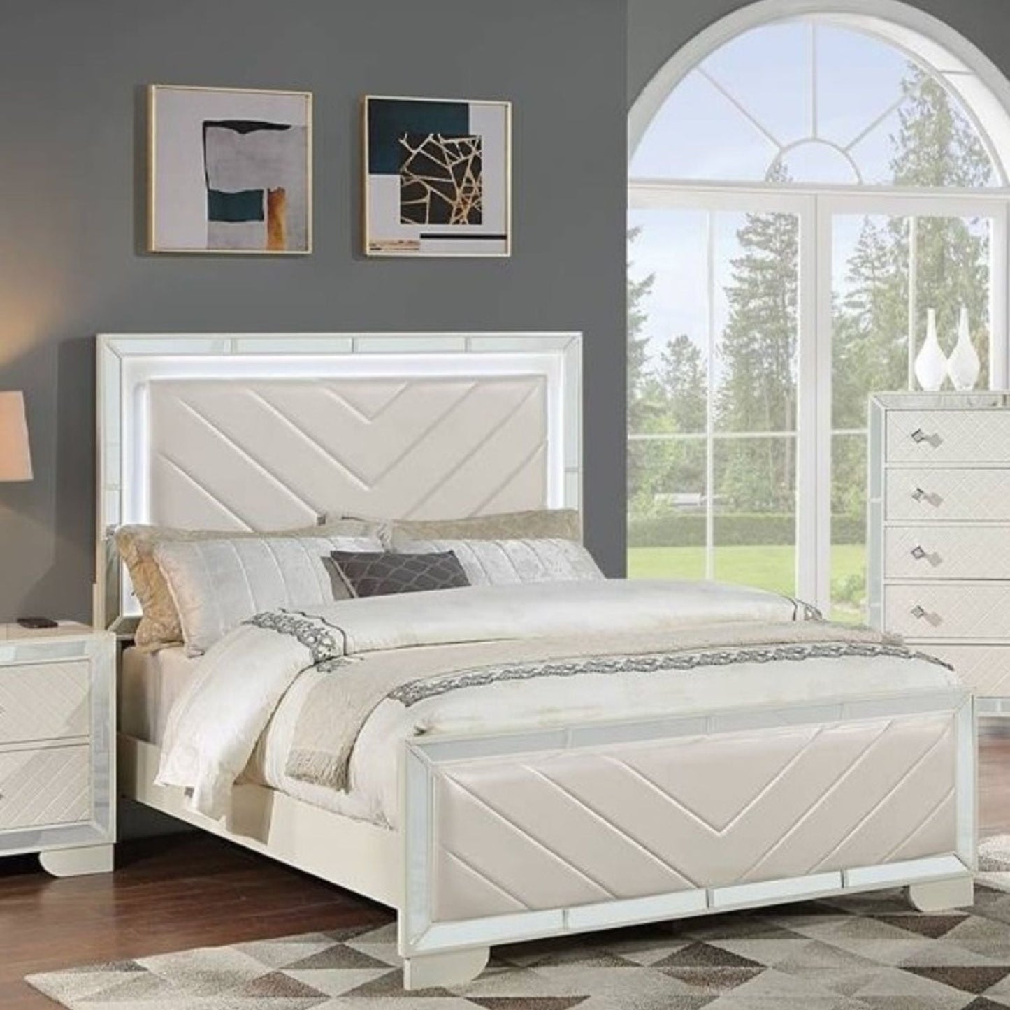 3 Piece Bedroom Contemporary Set, Bed With LED Lights And 2 Nightstands