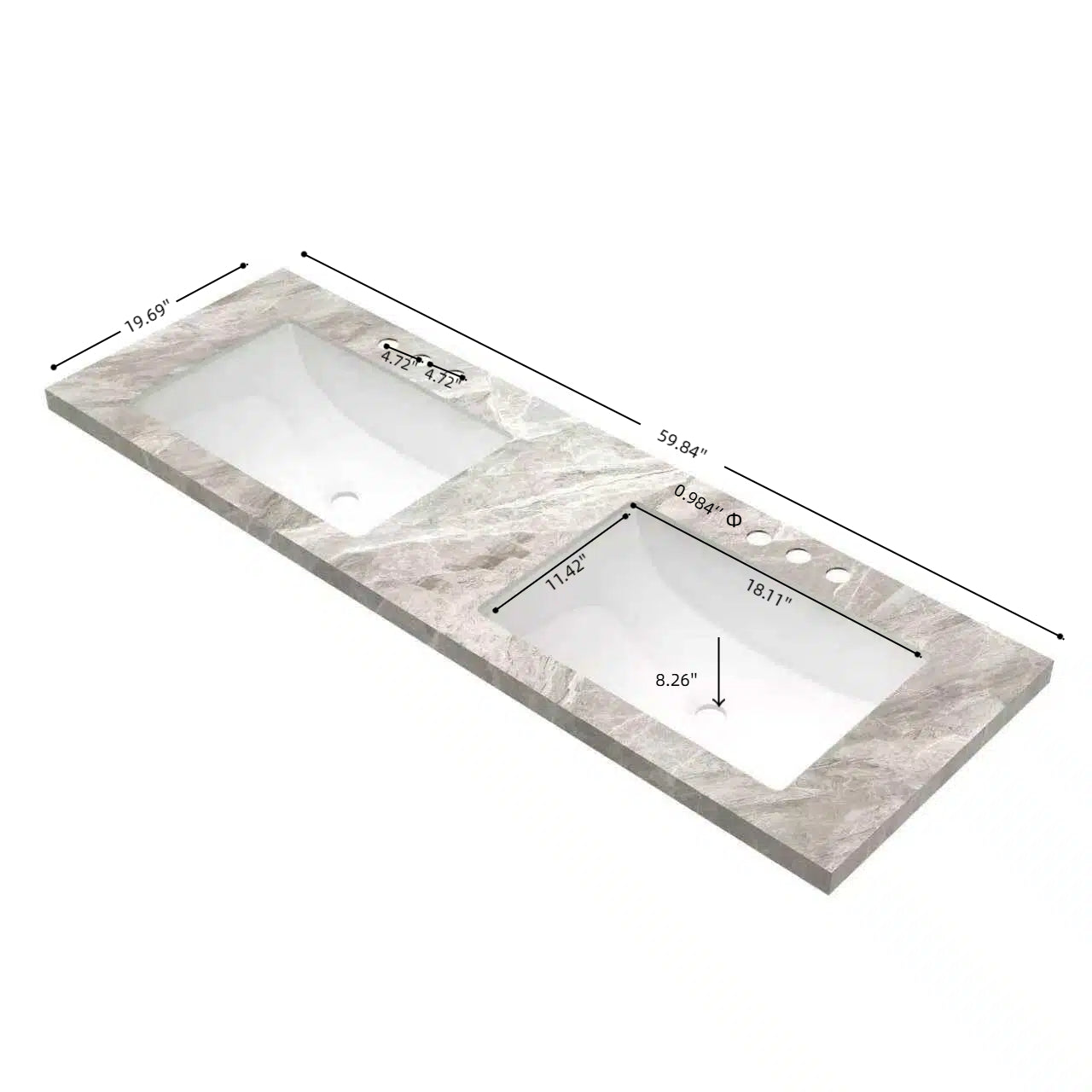60" Elio Bathroom Undermount Ceramic Sink Vanity Top