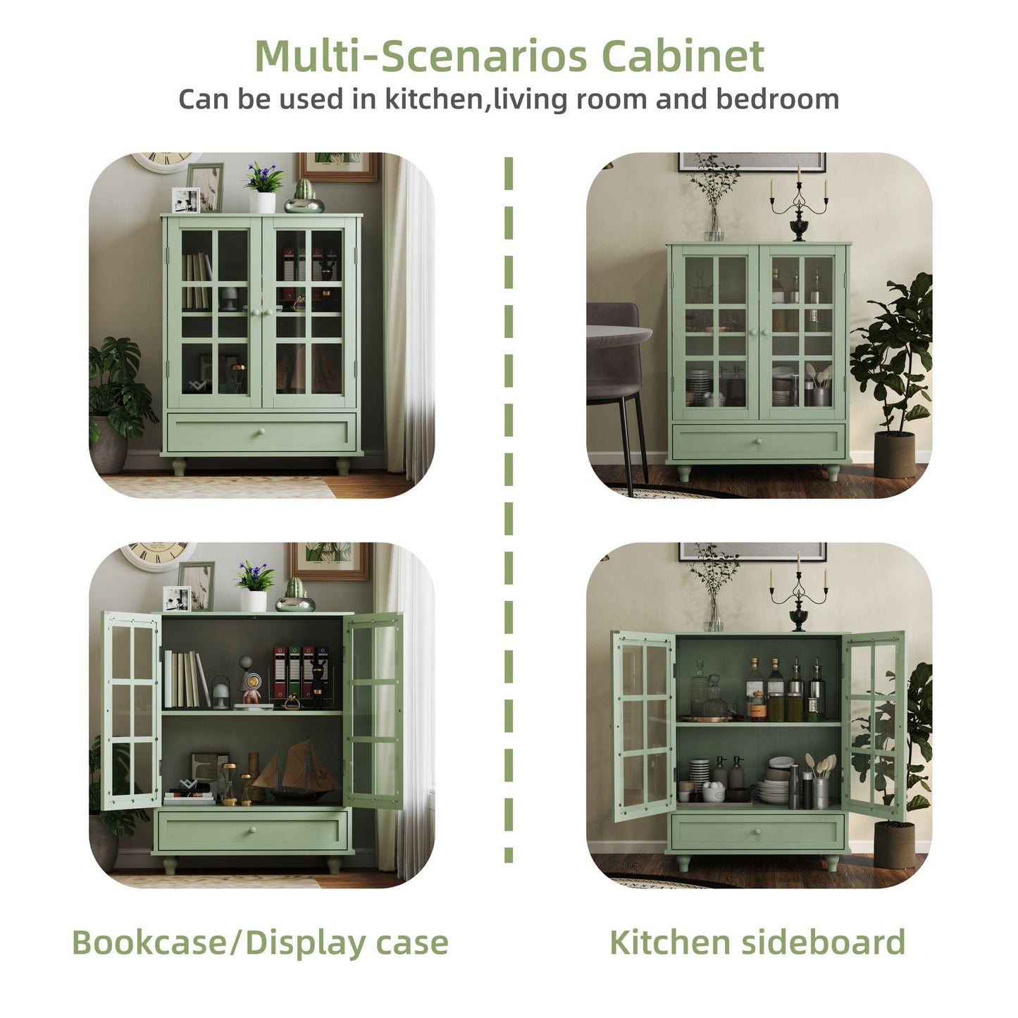 Minimalist Buffet Cabinet With Double Glass Doors And Drawer