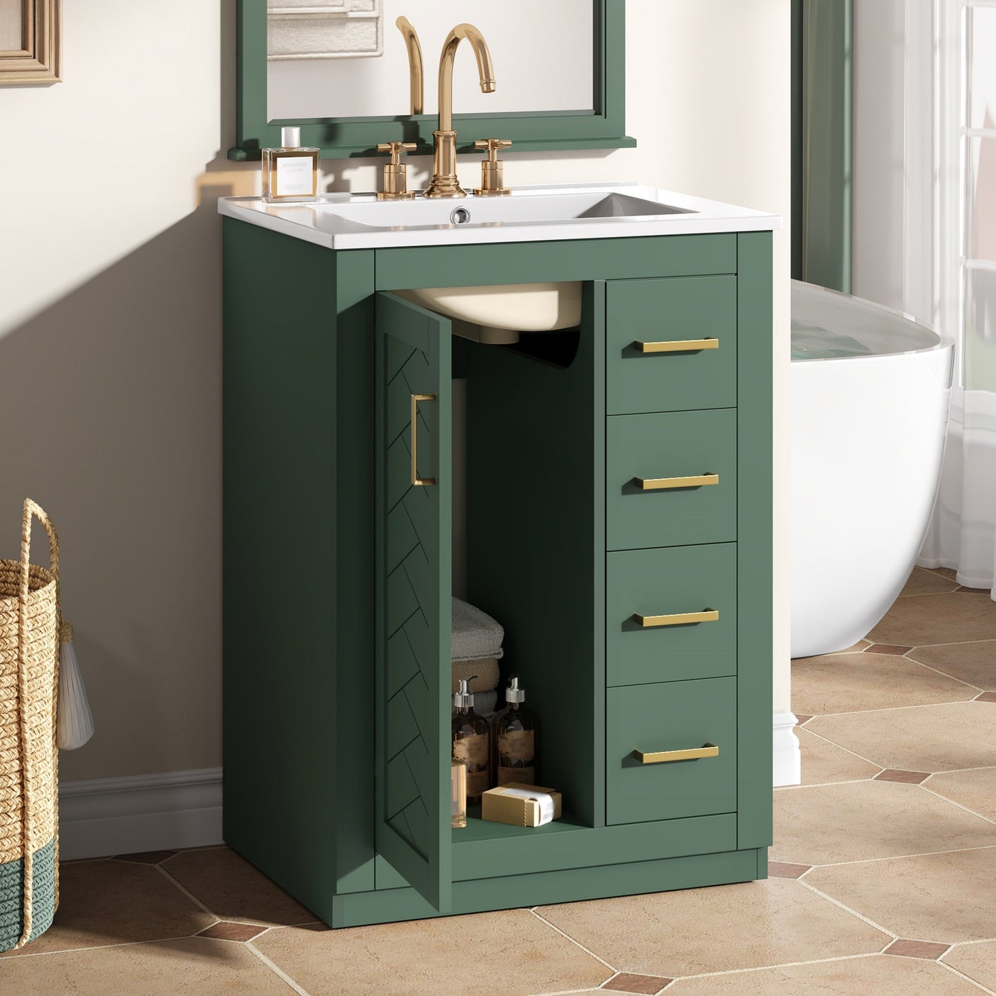 24" Bathroom Vanity with Integrated Ceramic Sink and Storage