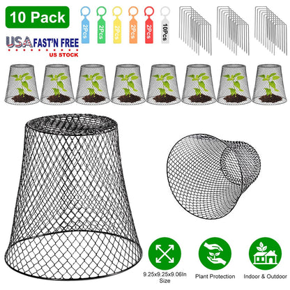 10Pack 9.25x9.25in Chicken Wire Cloches Plant Covers Metal Garden Cages Heavy Duty Plant Protectors with 30 Stakes 20 Labels Keep Bunnies Chicken Squi