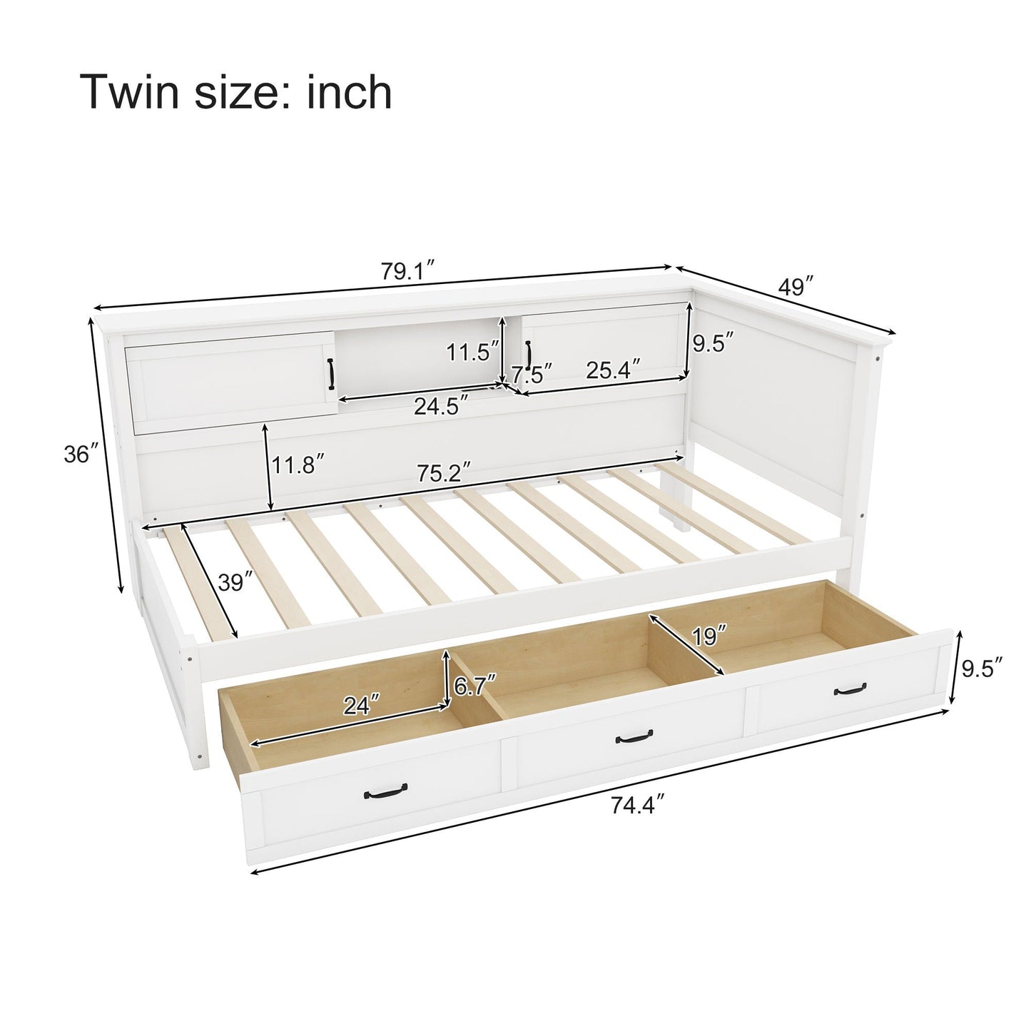 Twin Size L - Shaped Captain Bed With Drawer And Bookcase, LED Downlight And USB Charging Station - White