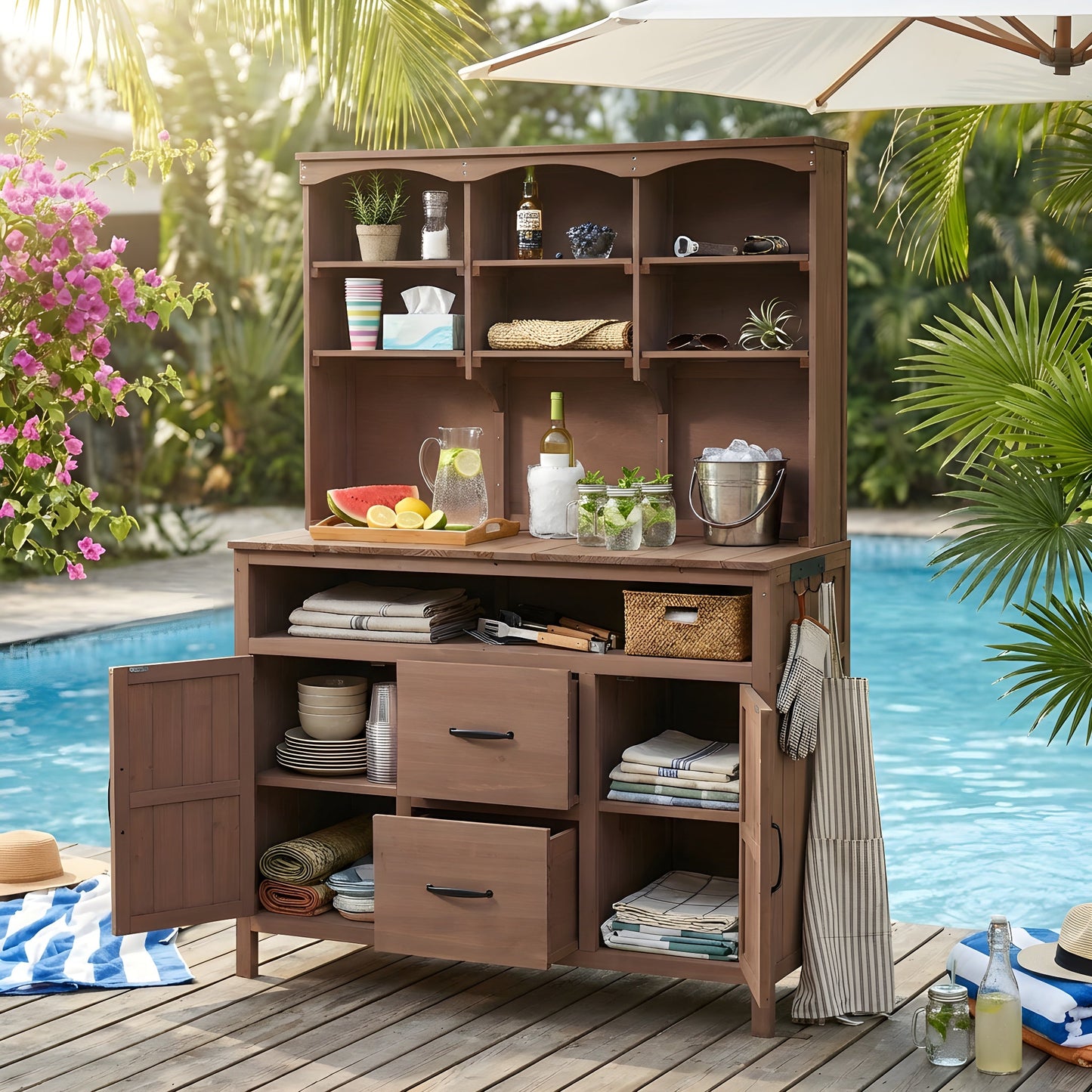 TOPMAX Large Fir Wood Potting Bench with Hutch and Storage