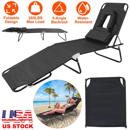 Folding Beach Lounge Chair Face DownÊTanning Chaise Sunbathing Recliner 265LBS Max Load with 5-Angle Backrest 3 Removable Pillows for Beach Pool Lawn