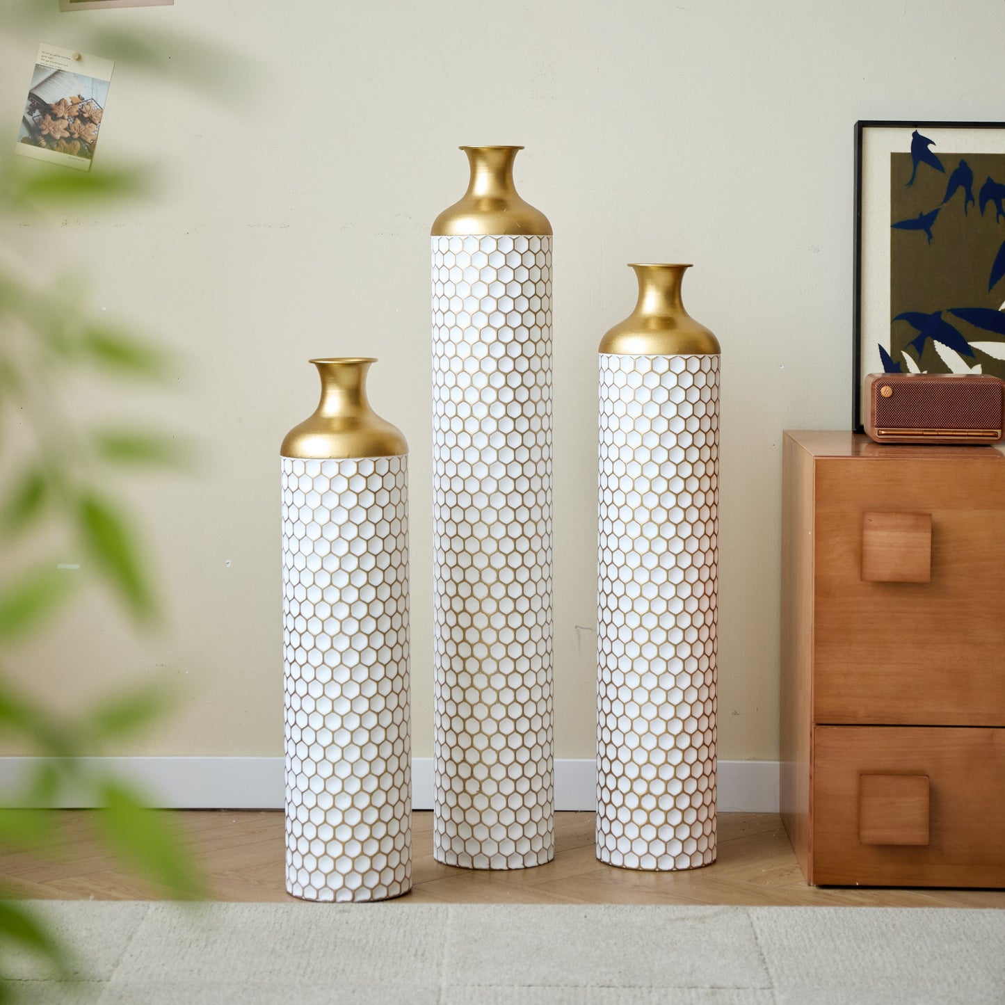 3-Piece Modern Metal Vase Set - White & Gold