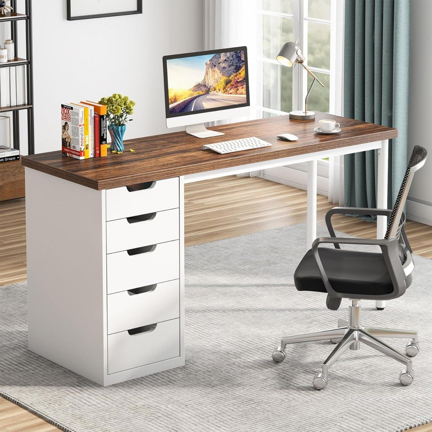 Computer Desk With 5 Drawers, Reversible Cabinet Design